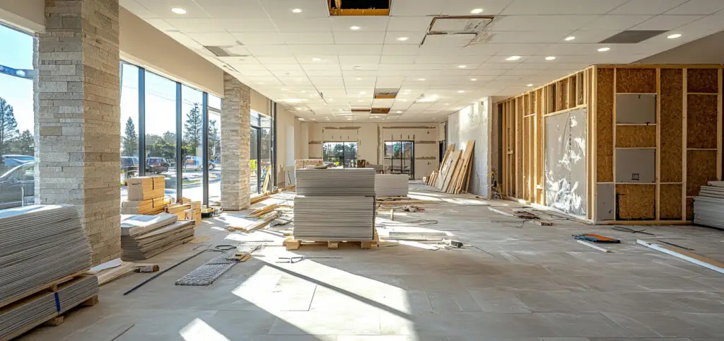 Interior of a commercial building under construction with stacks of tiles, unfinished walls, exposed wiring, and sunlight streaming through large windows.