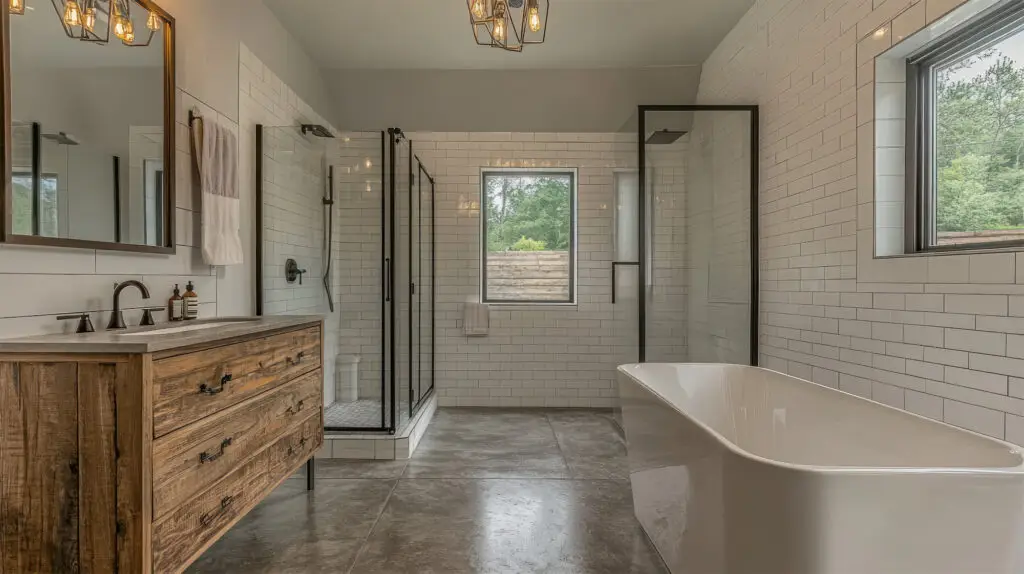 Modern bathroom with freestanding tub, glass-enclosed shower, and wooden vanity showcasing Demo Pros' dust-free demolition in Montana.